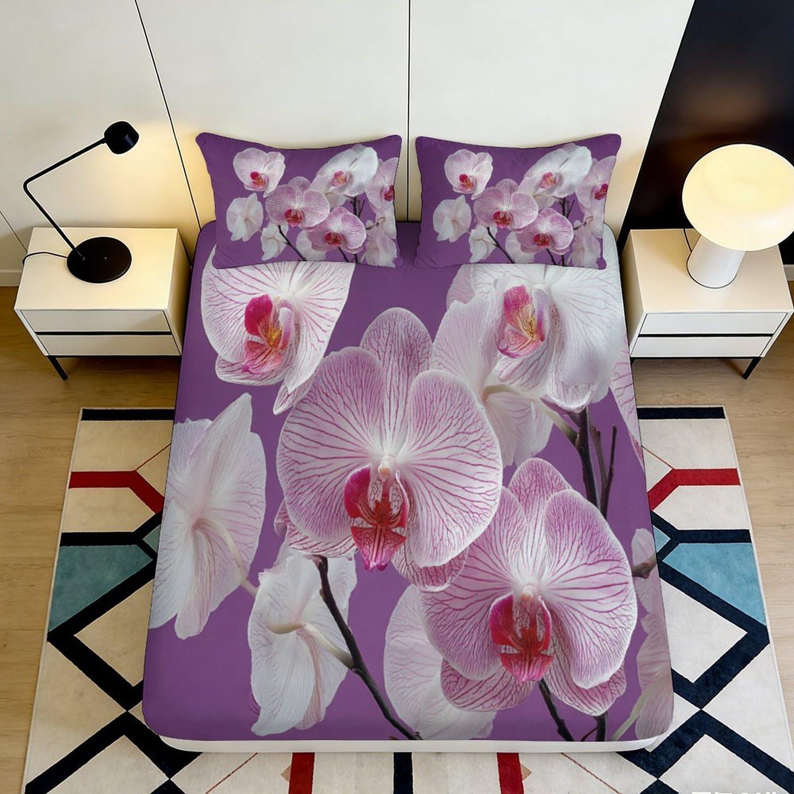 3D Printed Orchid Flower Fitted Sheet Microfiber Soft Purple Blossom Bed Cover for Bedroom Guest Room Dorm Mattress Decor 90x200x25cm