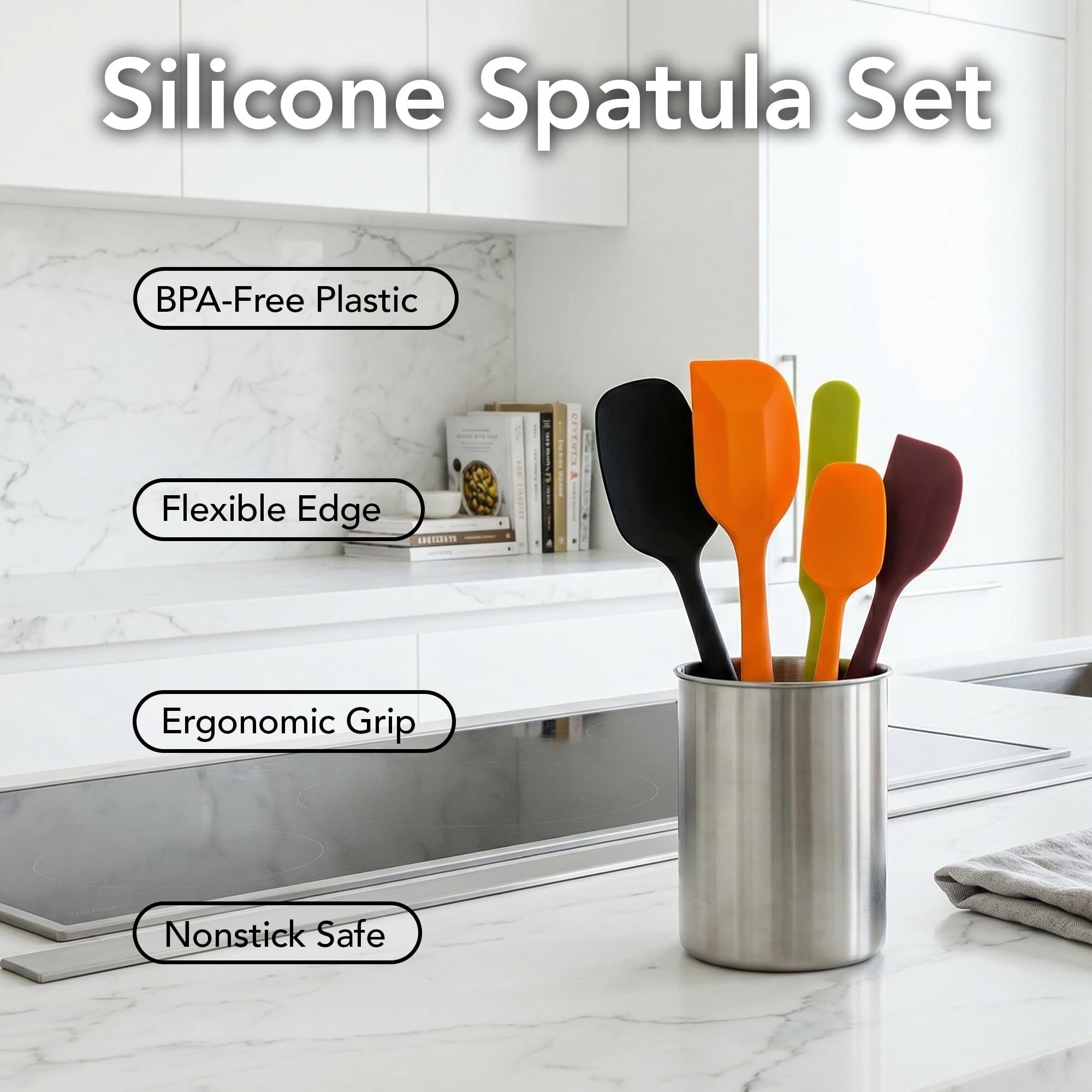 Ovente sin BPA Premium espátulas de silicona con núcleo de acero inoxidable, 500 °F resistente al calor, antiadherente, lavavajillas, diseño ergonómico, multicolor