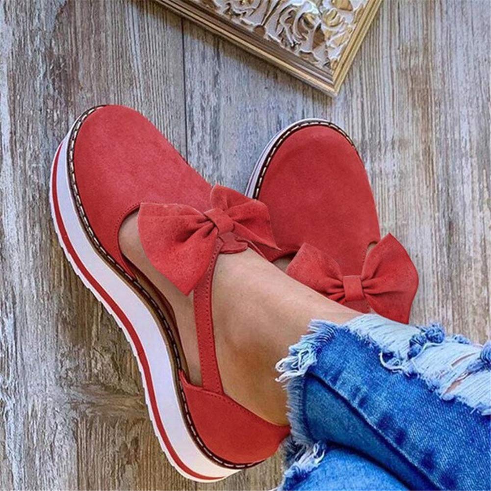 Women Platform Sandals Bowknot Slippers Ankle Strap Heeled Vintage Espadrilles Platform Loafers Sandals Closed Toe Comfort Flat Sneakers Slip on Wedges Beach Shoes,Red,38