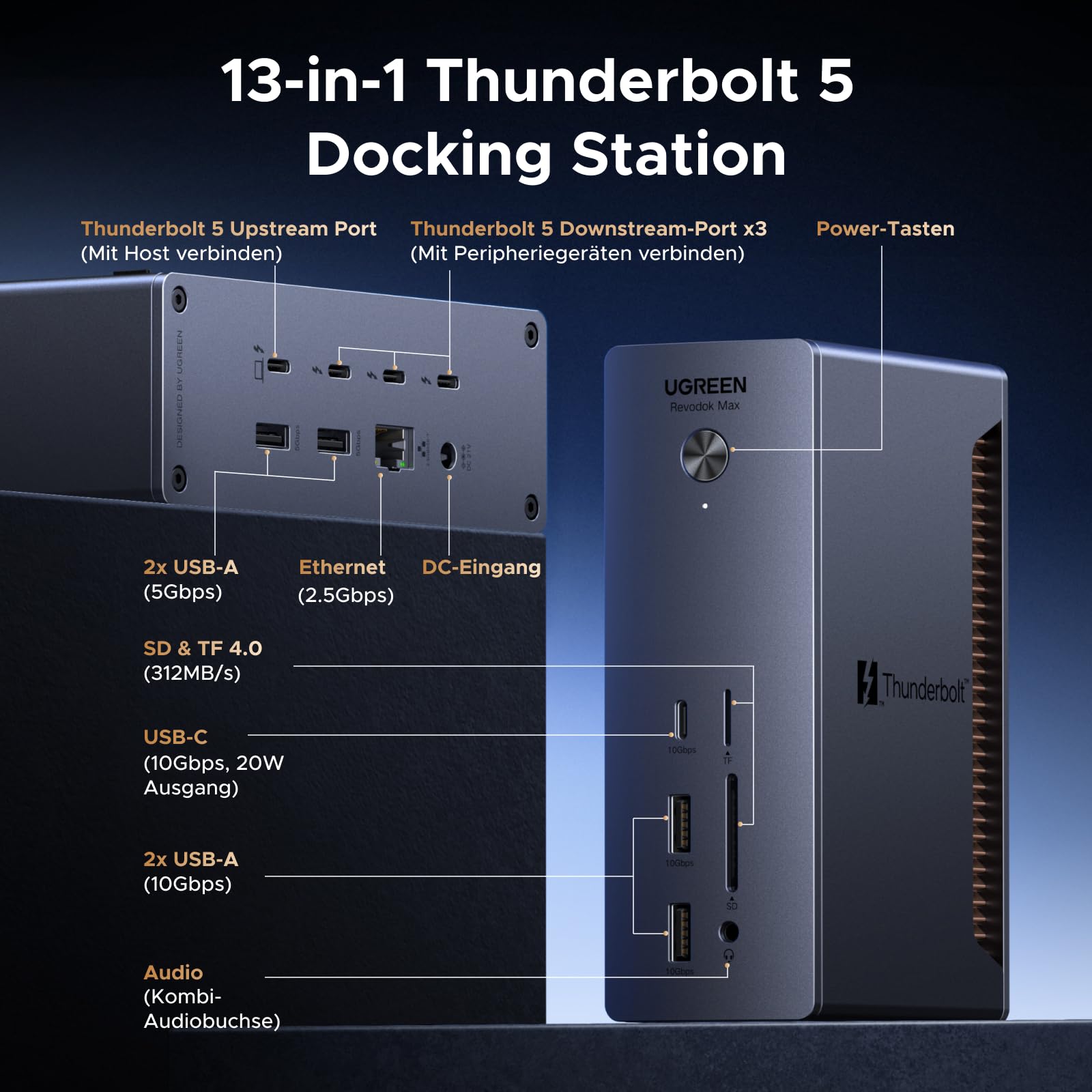 UGREEN Revodok Max Thunderbolt 5 Dock 120Gbps mit 3*TBT5 (Single 8K@60Hz & Dual 6K@60Hz max.), Docking Station 140W Aufladen für Laptop, 2.5Gbps Ethernet, SD 4.0, 3.5mm Aux