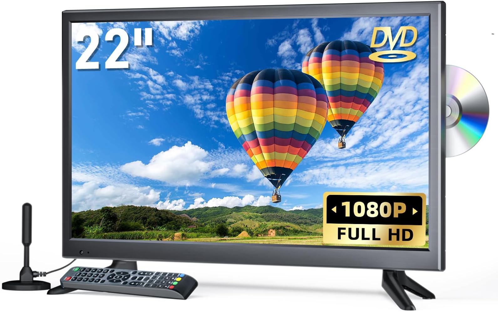 22 Inch TV with DVD Player Built-in, 1080P Full HD Small Flat Screen with DVD, HDMI, USB, AV Inputs, TV DVD Combo for RV, Kitchen, Bedroom, Office