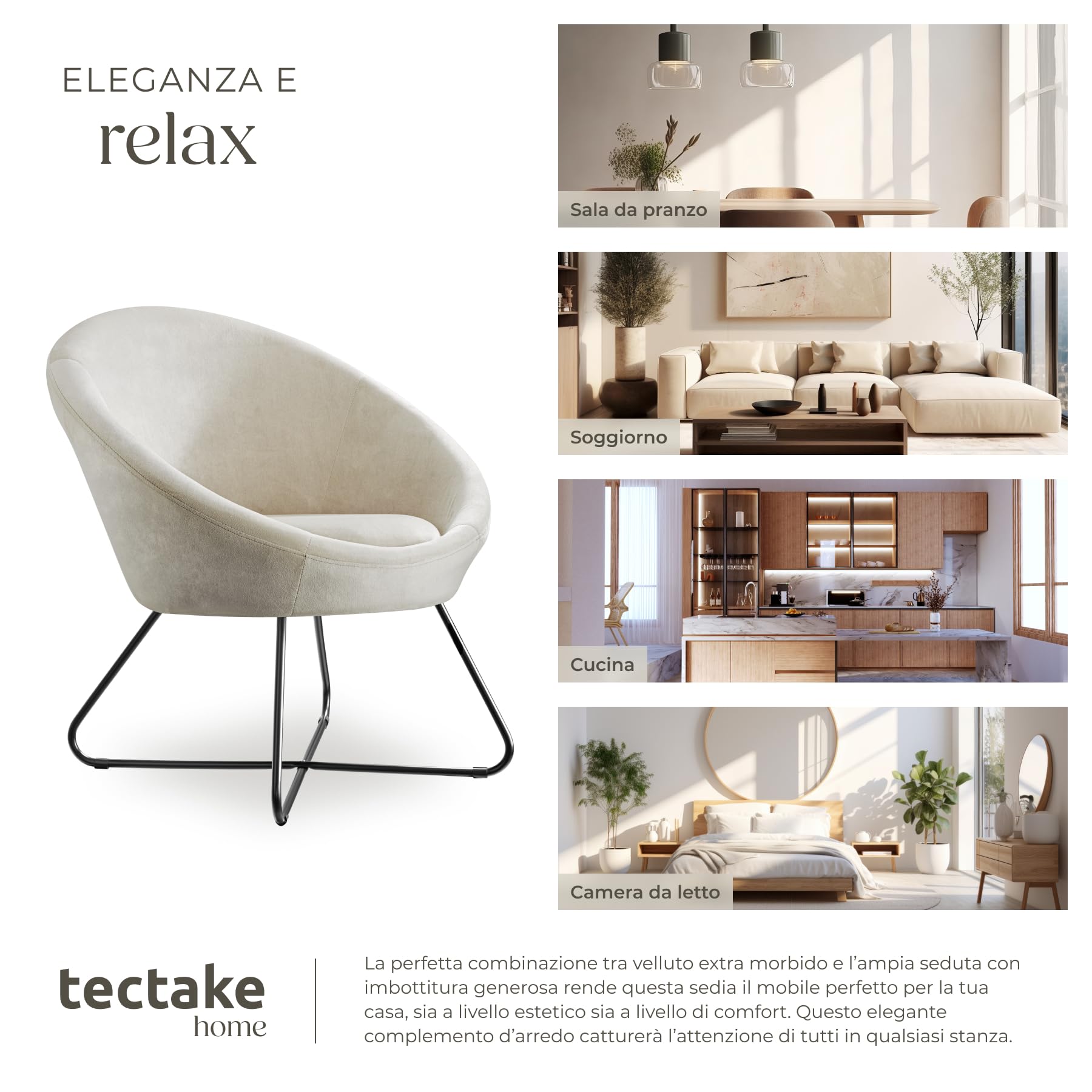 tectake® Poltrona Rotonda Imbottita, Stile Scandinavo, Comoda Sedia da Salotto con Schienale Continuo, Piedini Antiscivolo per Pavimenti, Struttura Verniciata a Polvere - Effetto Velluto Beige