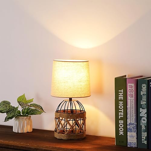 Miniatura 7 de Lámpara de mesa bohemia para dormitorio, pequeña lámpara de noche con base de jaula de metal de ratán y pantalla de lino, lámpara de mesita de noche