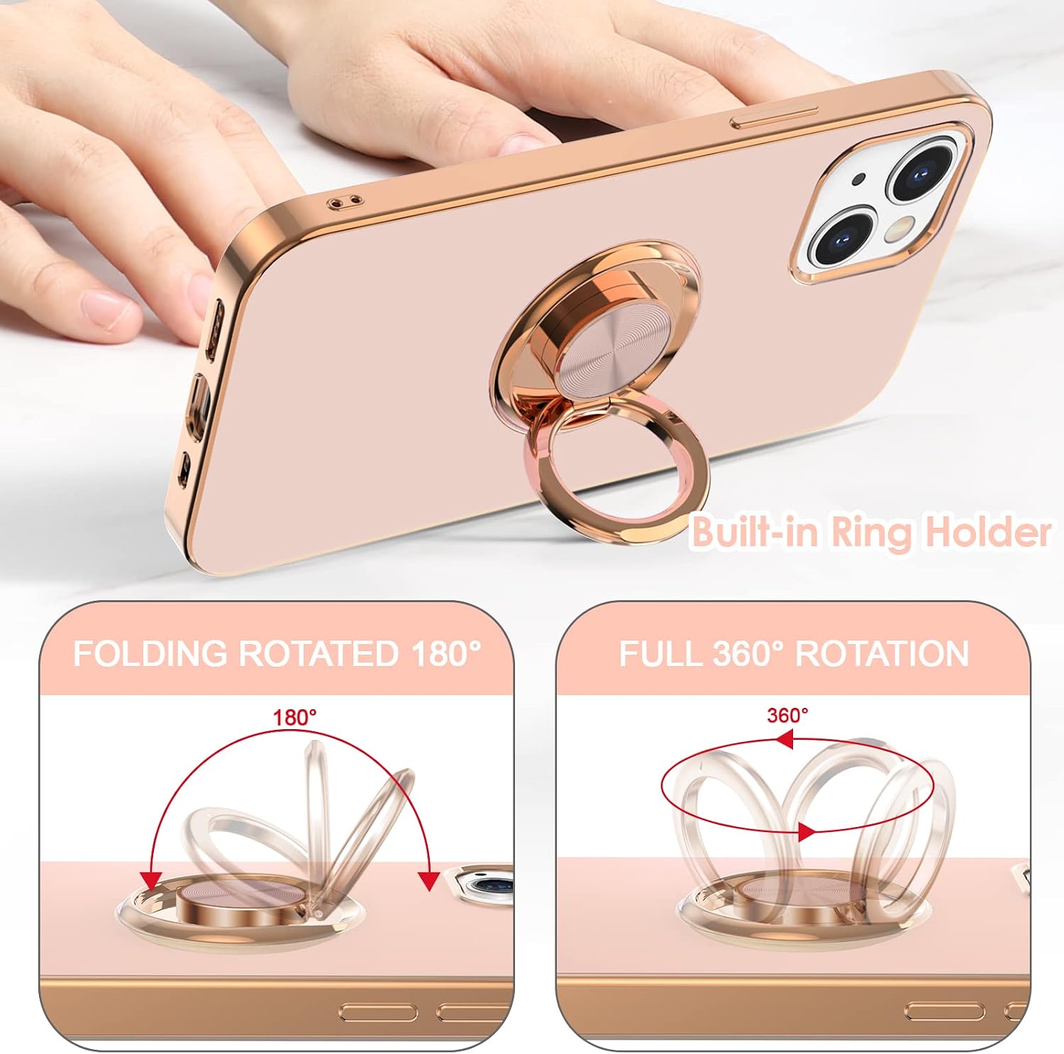 Hython Case for iPhone 13 Case with Ring Stand [360° Rotatable Ring Holder Magnetic Kickstand][Support Car Mount] Plating Rose Gold Edge Slim Soft Flexible TPU Luxury Phone Case Cover, Pink