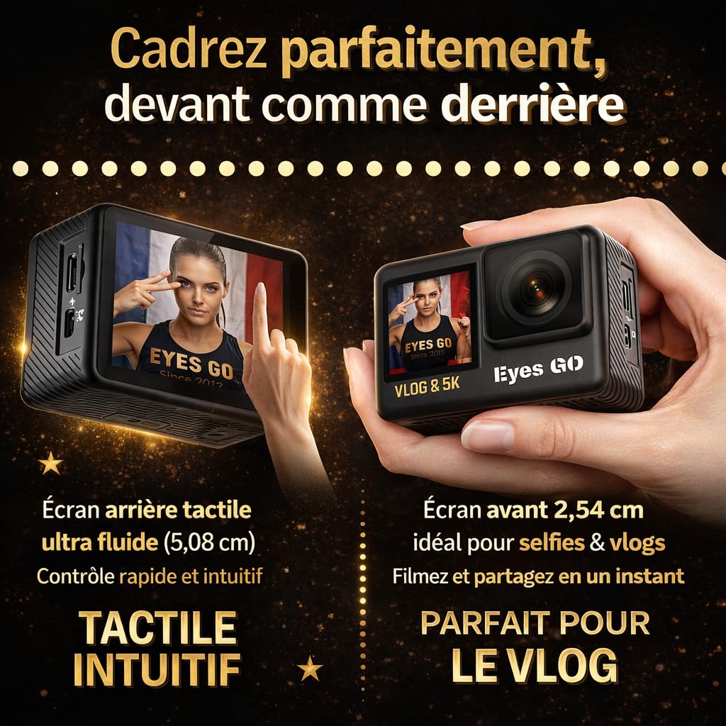 5K26 - Caméra Sport 5K30fps 4K60FPS 120FPS - 31 Accessoires - Photo 50MP - 2 Ecrans Tactile Vlog - Télécommande Micro 360° - Stabilisateur E.I.S 2.0 Étanche 30M - Carte SDXC 64GO - 2X1350mAh