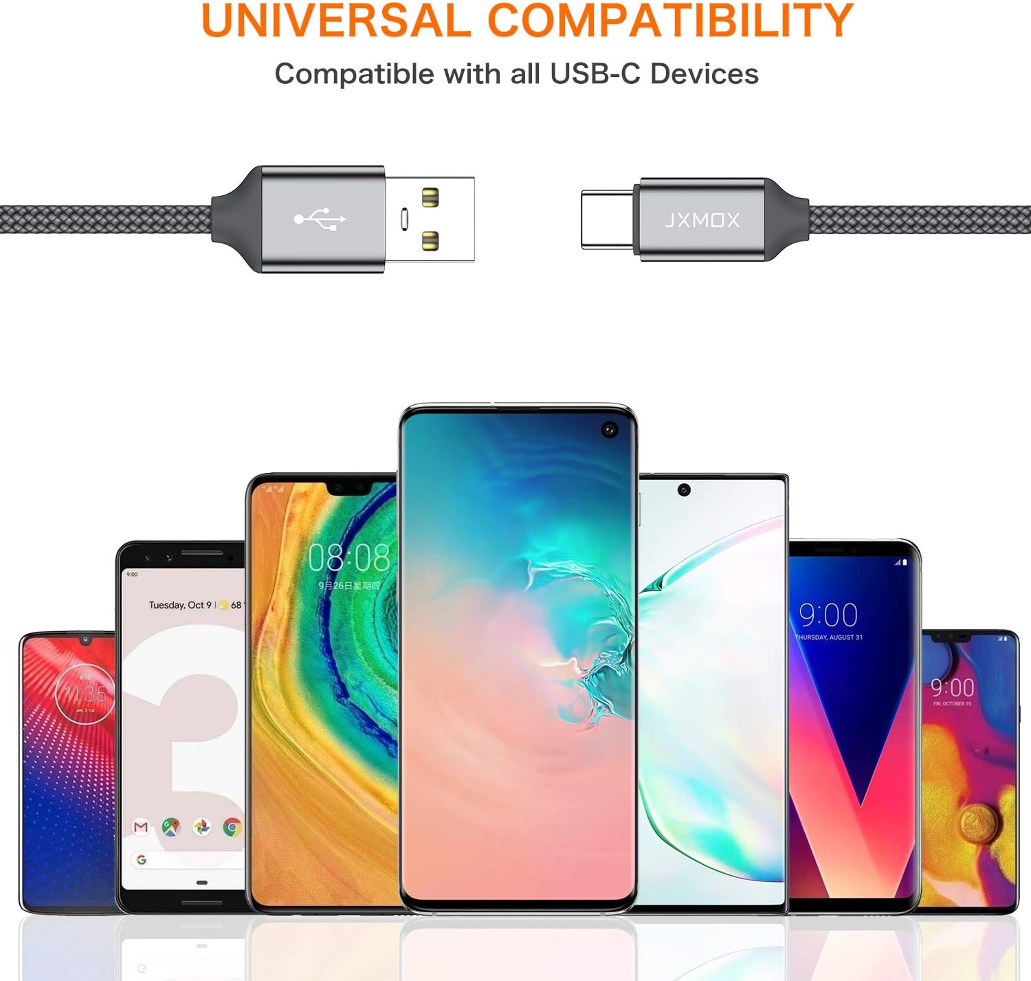 USB C Cable Short [0.8ft 3 Pack], JXMOX USB-A to Type-C Braided Fast Charging Cord Compatible with Samsung Galaxy Note 9 8,S10+ S9 S8 Plus,A10 A20 A51,LG V35 G7,Power Bank and Portable Charger(Grey) : Electronics