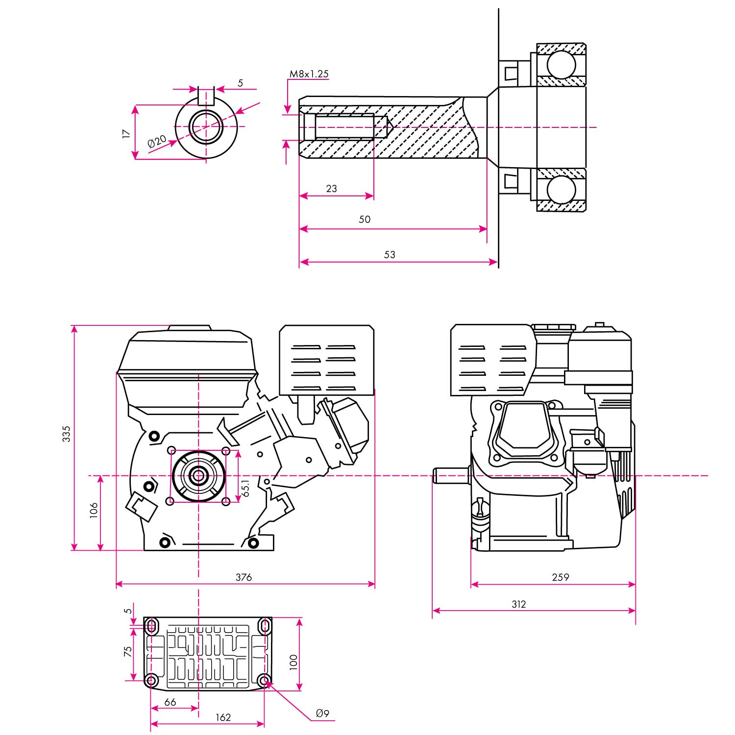 EBERTH Motor gasolina 4 tiempos con 5,5CV y 4,1kW, motor de gasolina, 20mm diámetro del eje, 1 cilindro 163cc desplazamiento, motor kart, alarma de aceite, refrigerado por aire, arranque manual
