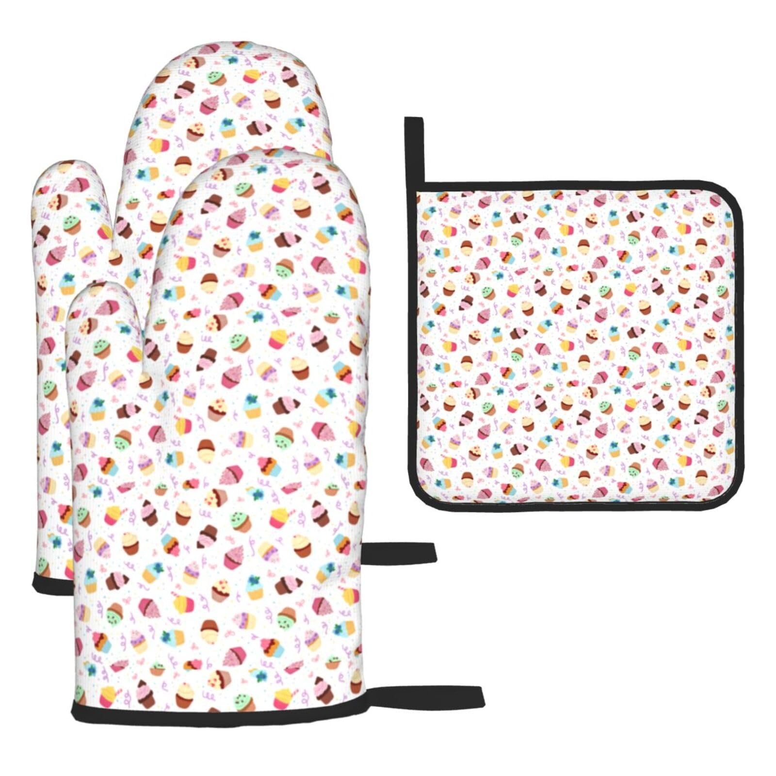 Delicious Cupcakes Print Oven Mitts Kitchen Gloves Set Everyday Baking Grilling Microwaving Cooking Gift