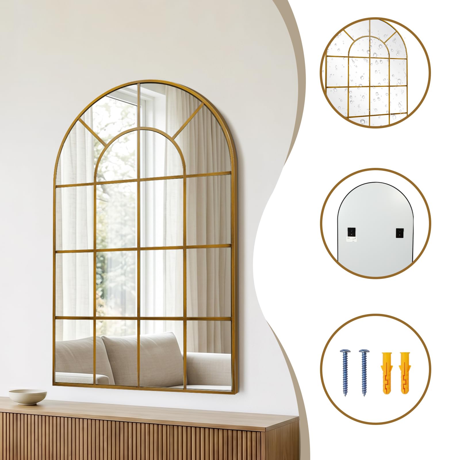 Reflix Espejo de jardín al aire libre, 90 x 60 cm, espejos de pared para decoración, espejo de ventana con marco de aluminio para pasillo, sala de estar, dormitorio, entrada, bronce