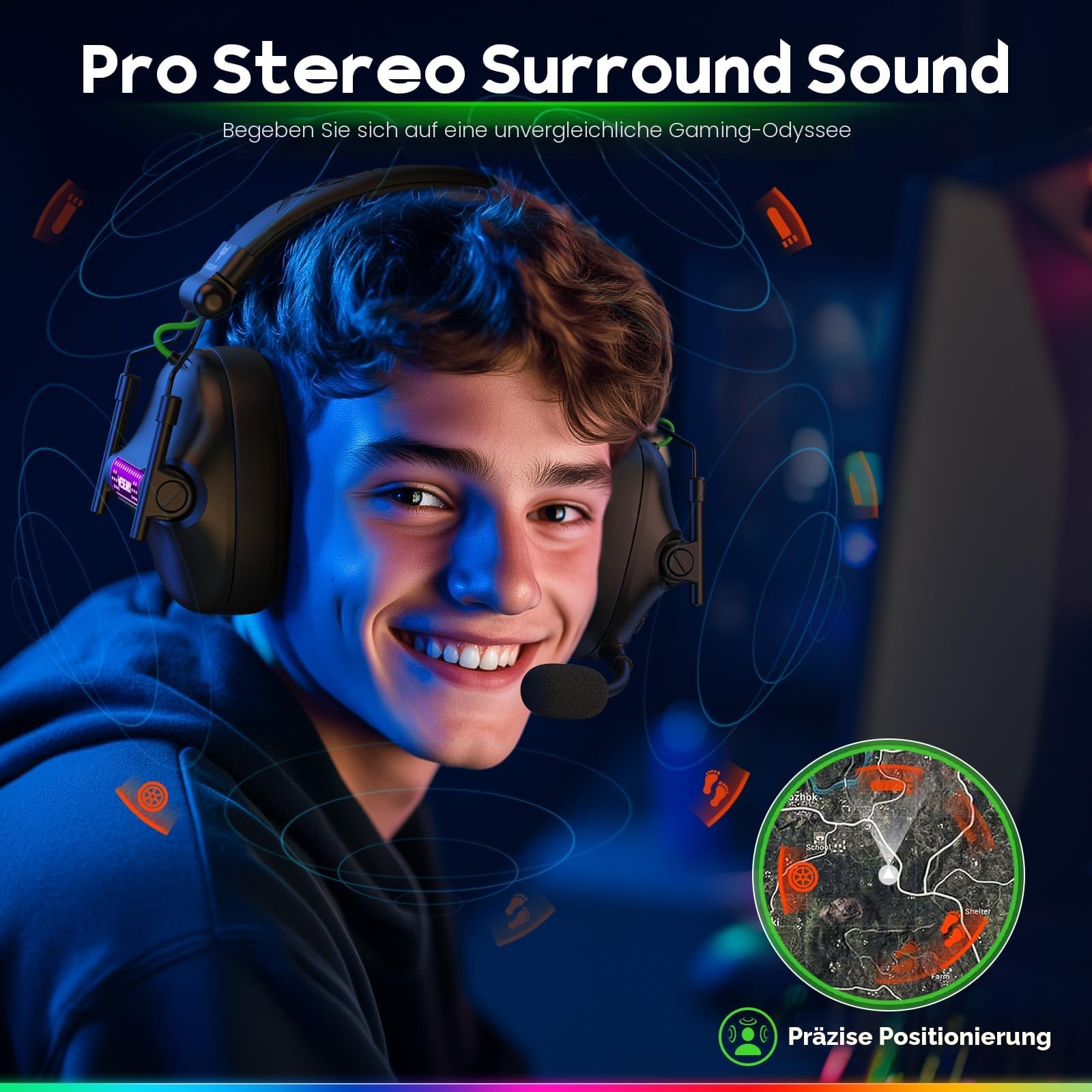 WESEARY Bluetooth Kopfhörer, 2,4G Wireless Gaming Headset mit Mikrofon für PS5, PS4, PC, Switch, Mac, Faltbarer Surround Sound Noise Cancelling mit LED Licht, Über 50 Stunden Akkulaufzeit