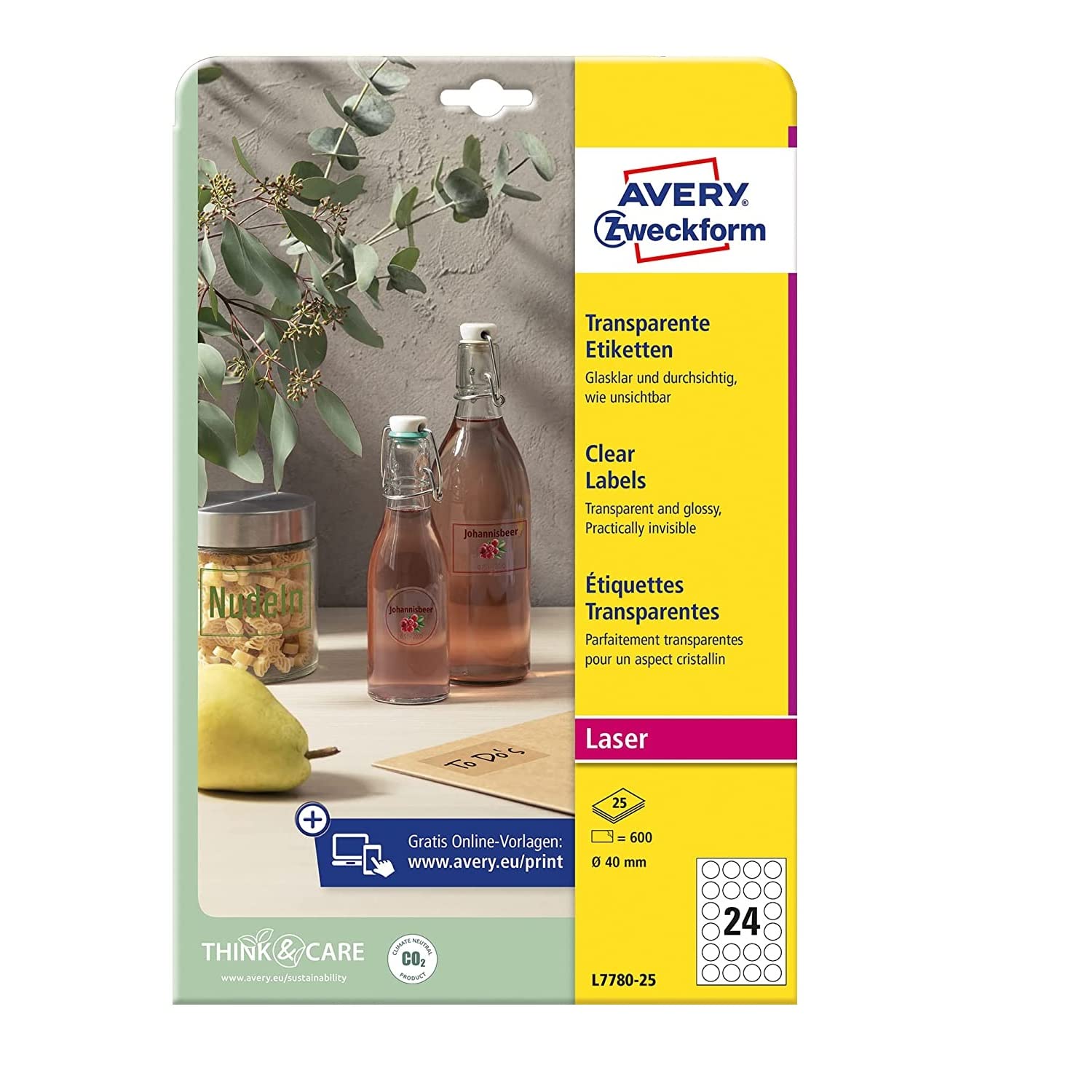 AVERY Zweckform Etichette trasparenti rotonde (300 punti adesivi, Ø 60 mm su A4, autoadesive, resistenti alle intemperie, etichettatura/adesivo per prodotto), 25 fogli, trasparenti