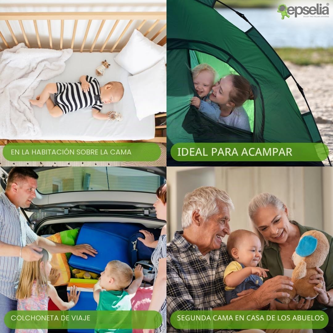 EPSELIA - Colchón de cuna para niños, enrollable, con borde, para viaje o camping, 60 x 120 x 4 cm, certificado antiasfixia EN16890:2017, poliuretano CertiPUR™ OEKO-TEX®