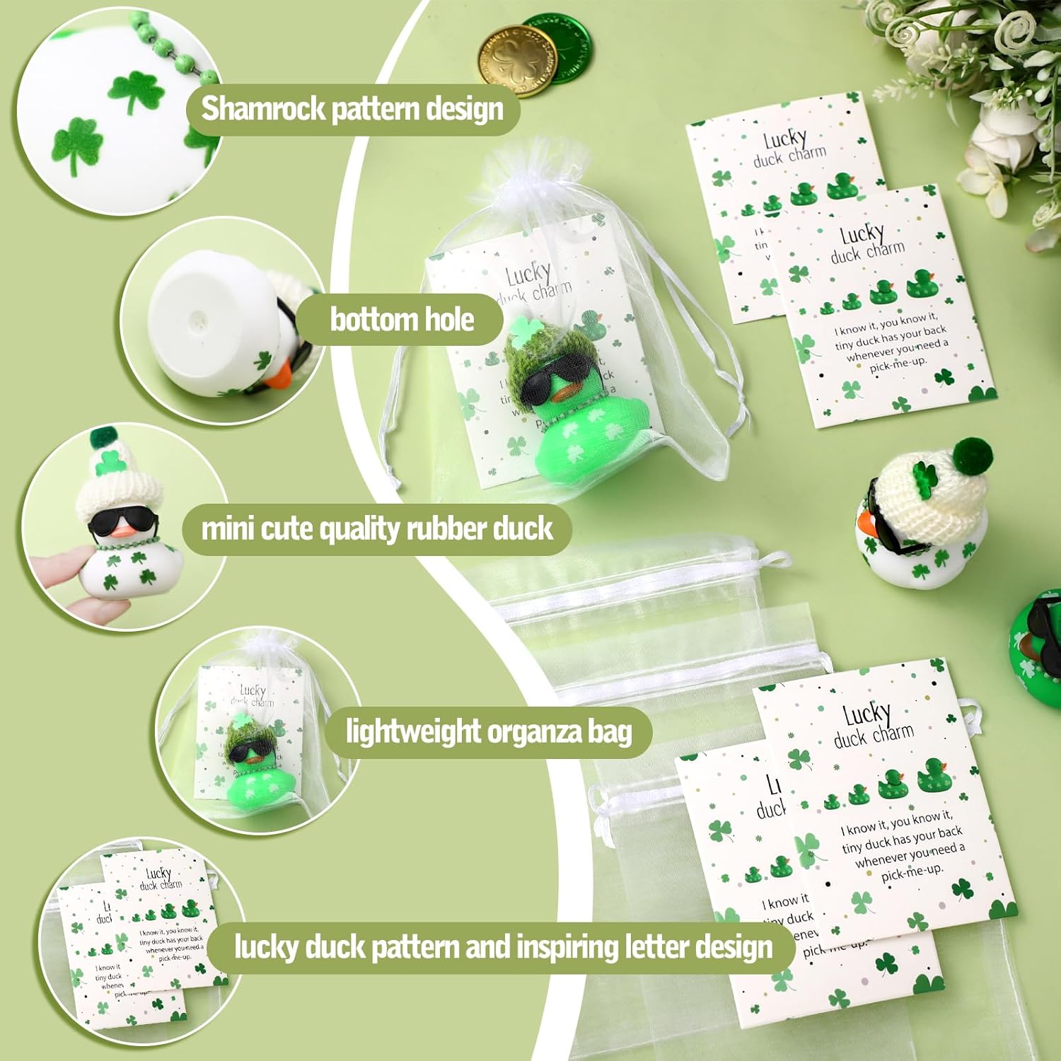 50 Pcs St. Patrick's Day Rubber Duck for Bath Pool 50 Cards 50 Organza Bags 50 Hats 2 Inch Green Sunglass Shamrock Clover Duck for Irish Gifts St. Patrick's Day Party Favors