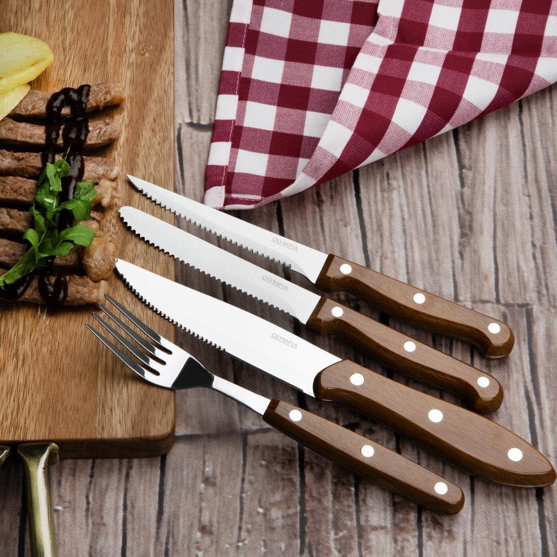 Olympia Lot de 12 fourchettes à steak avec manche effet bois PP
