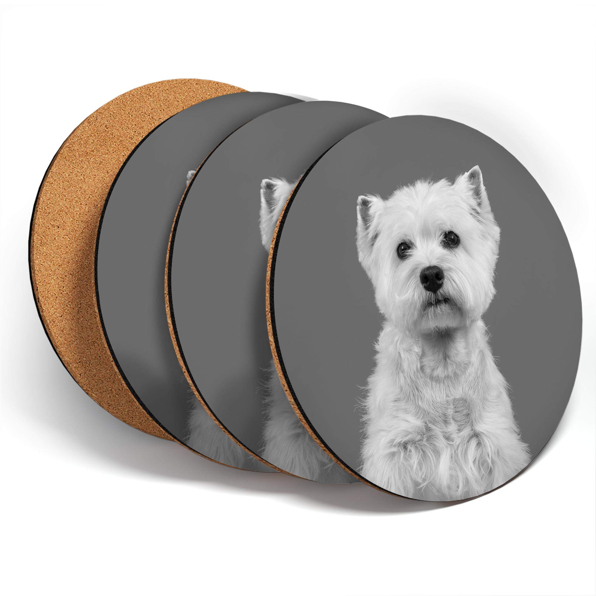Destination Vinyl Ltd Multicolor Great Coasters (Set Of 4) Round - Bw - Cute West Highland Terrier Dog Westie Drink Glossy Coasters/Tabletop Protection For Any Table Type #43758