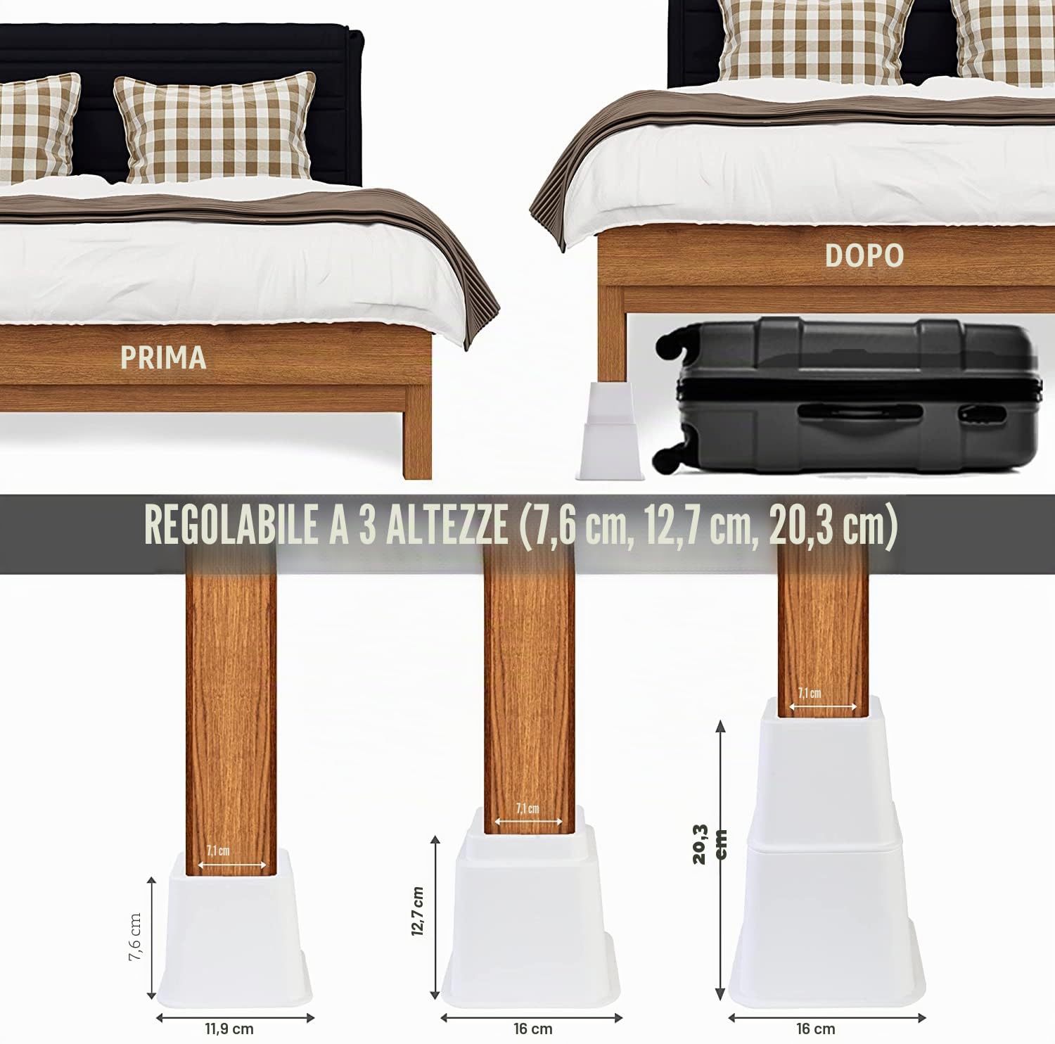 Utopia Bedding Alzata Regolabile Premio - 8 Pezzi (4 Alti e 4 Corti) - Alzata Resistente con Forte Risparmio di Spazio - Alzata Letto, Alzata Tavolo, Alzata Sedia o Divano - (8 a 20 cm) (Bianco)