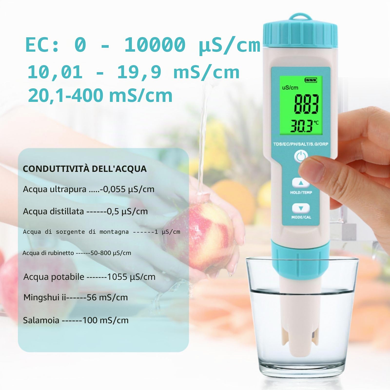 Misuratore pH 7 in 1 con PH/TDS/SALT/ORP/S.G/TEMP/EC, TDS tester con Display LCD, per Piscine, Acquari, Spa