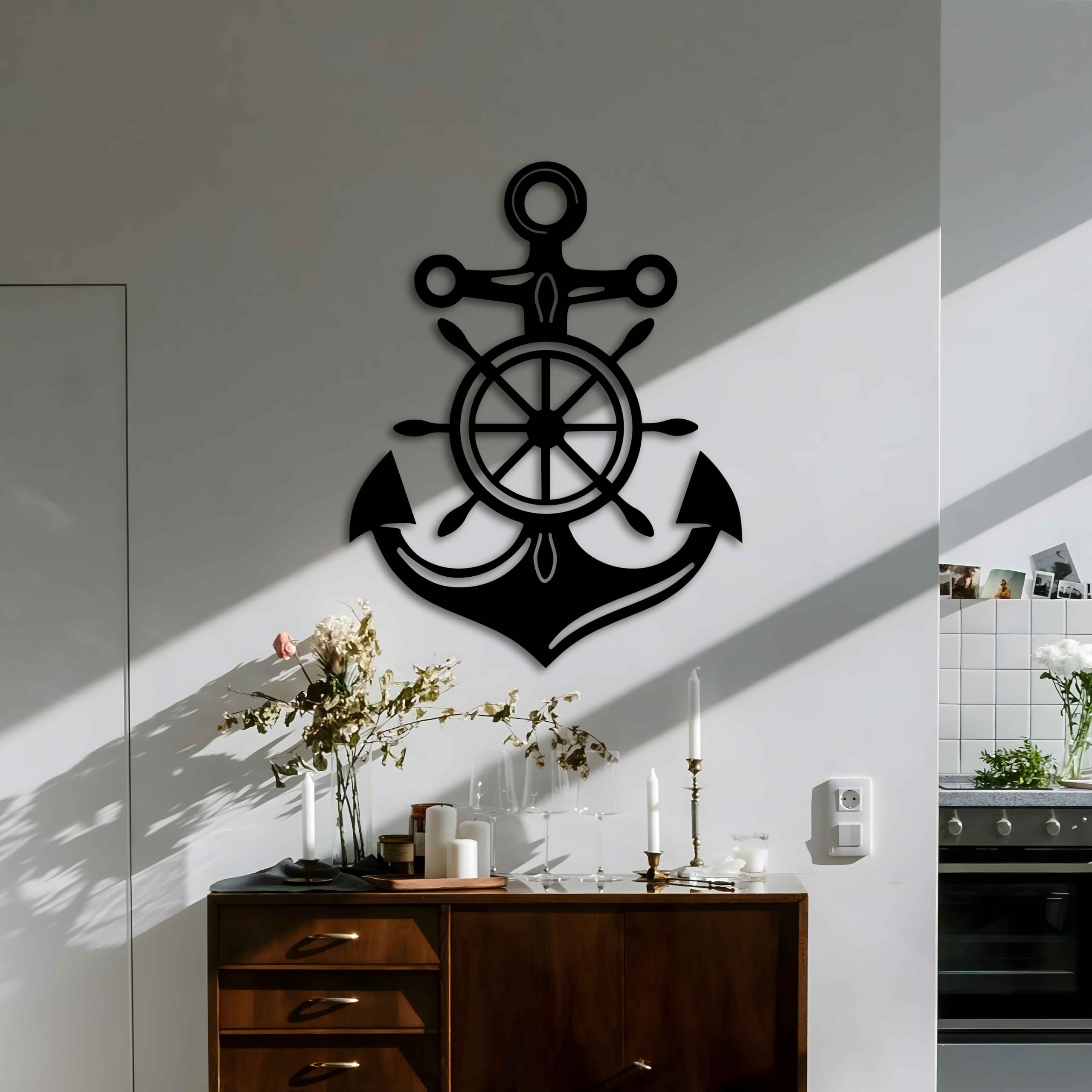 KAWA METALWORKS Anker Metall Wandkunst Dekor mit Schiffsrad nautische Wanddekoration für Wohnzimmer Strandhaus Modern Schwarz Metall Wandbehang Küste Maritim Home Dekoration Matrosen Geschenk