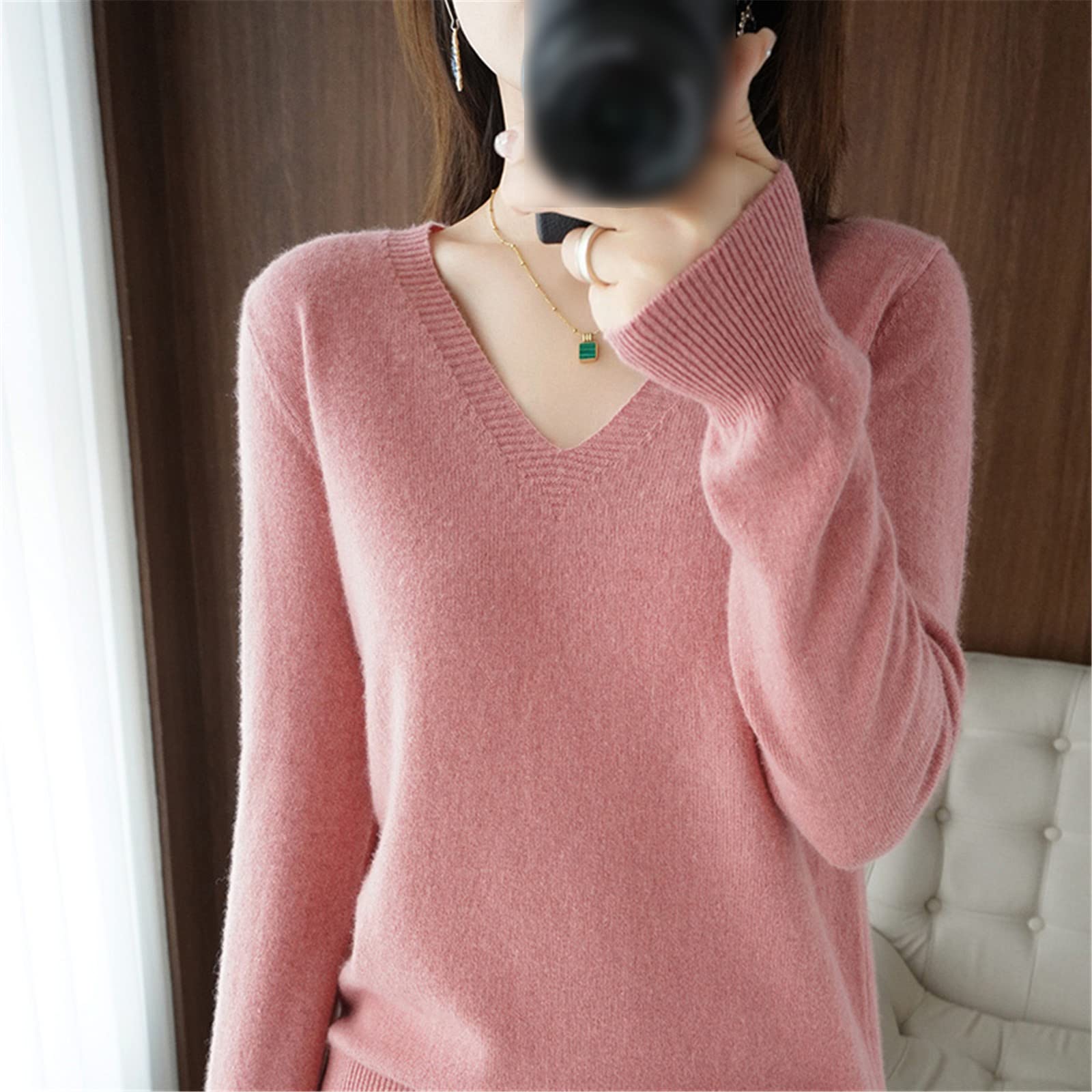 Suéter de mujer para otoño e invierno, de cachemira, cuello en V, casual, suave, delgado, básico, suéter