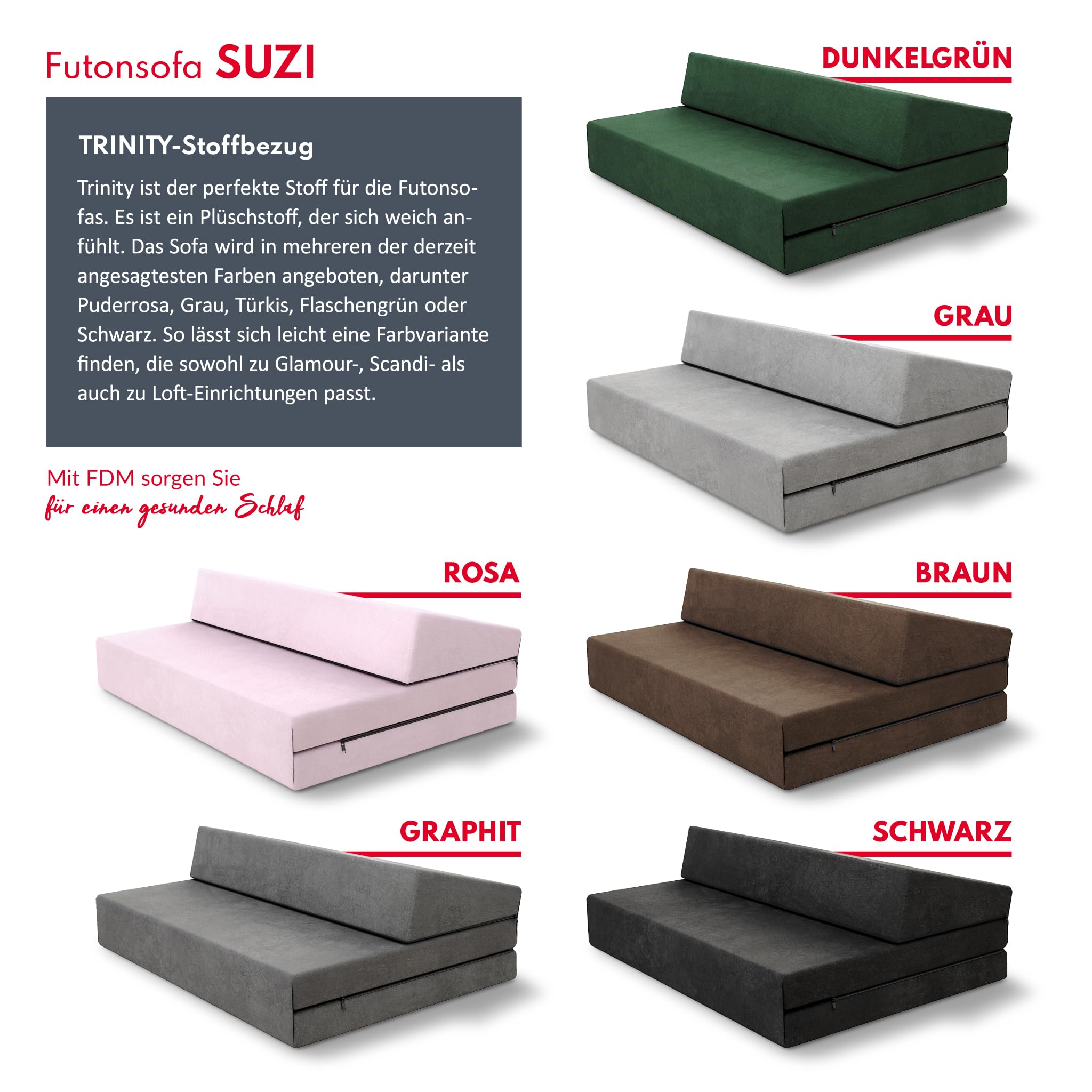 FDM Składany materac SUZI MAXI 120 x 200 cm, materac z zimnej pianki, wysokość 14 cm, stopień twardości H3, Öko-Tex, nadaje się dla alergików, poszewka Trinity, nadaje się do prania, kolor czarny