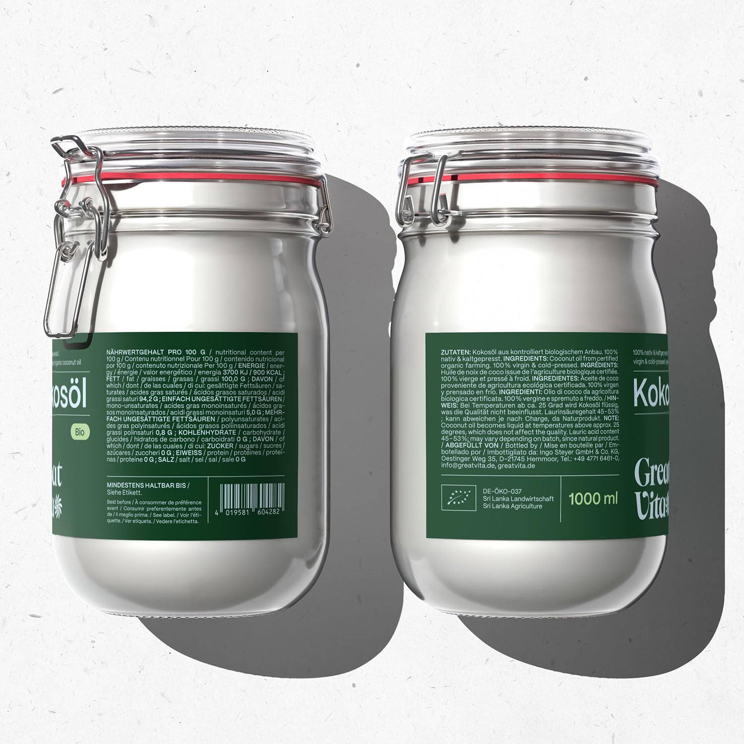 GreatVita MeaVita Bio Kokosöl, nativ, 2er Pack (2 x 1000 ml) im Bügelglas