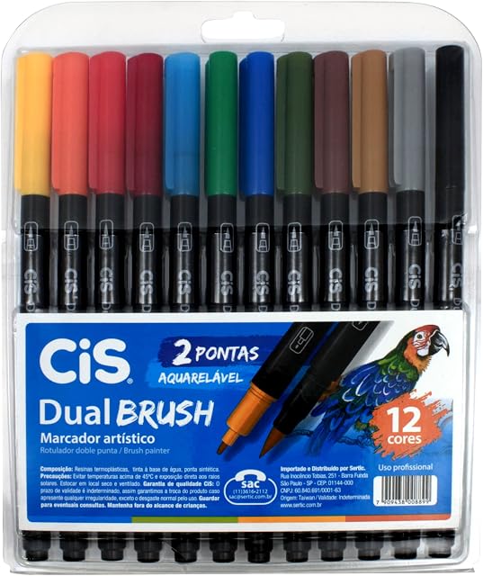 Marcador Artístico Aquarelável 2 Pontas, CiS, Dual Brush, 56.7200, 12 Cores