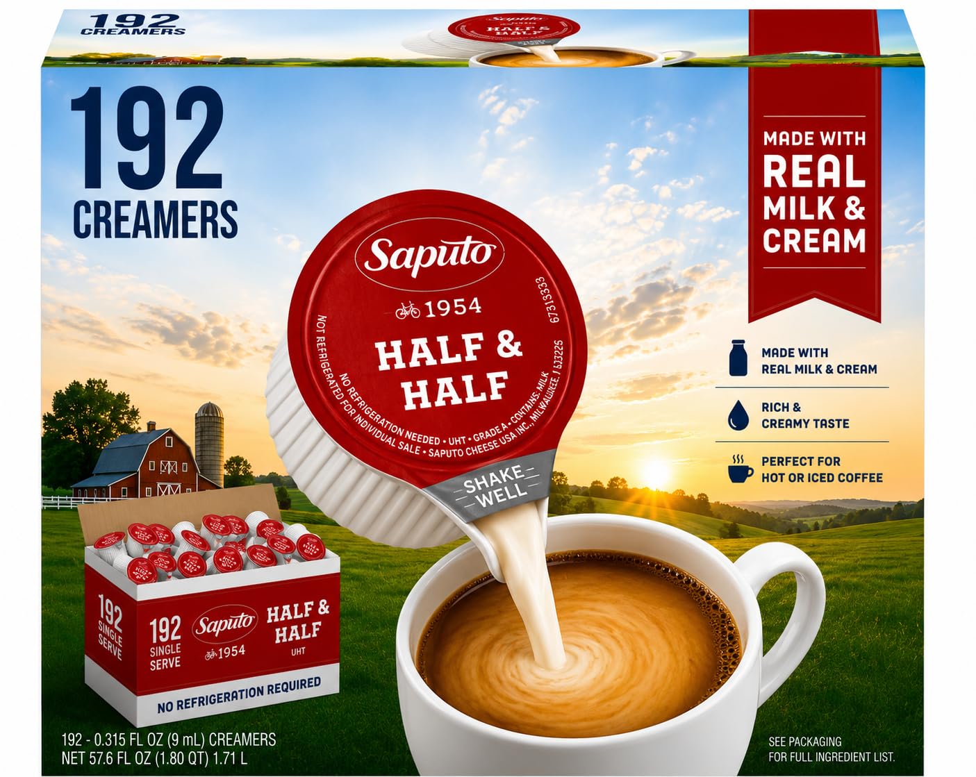 Coffee Creamer Half & Half Singles, 192 Count | No Refrigeration Required | Saputo Bulk Business Pack for Offices, Hospitality & Foodservice