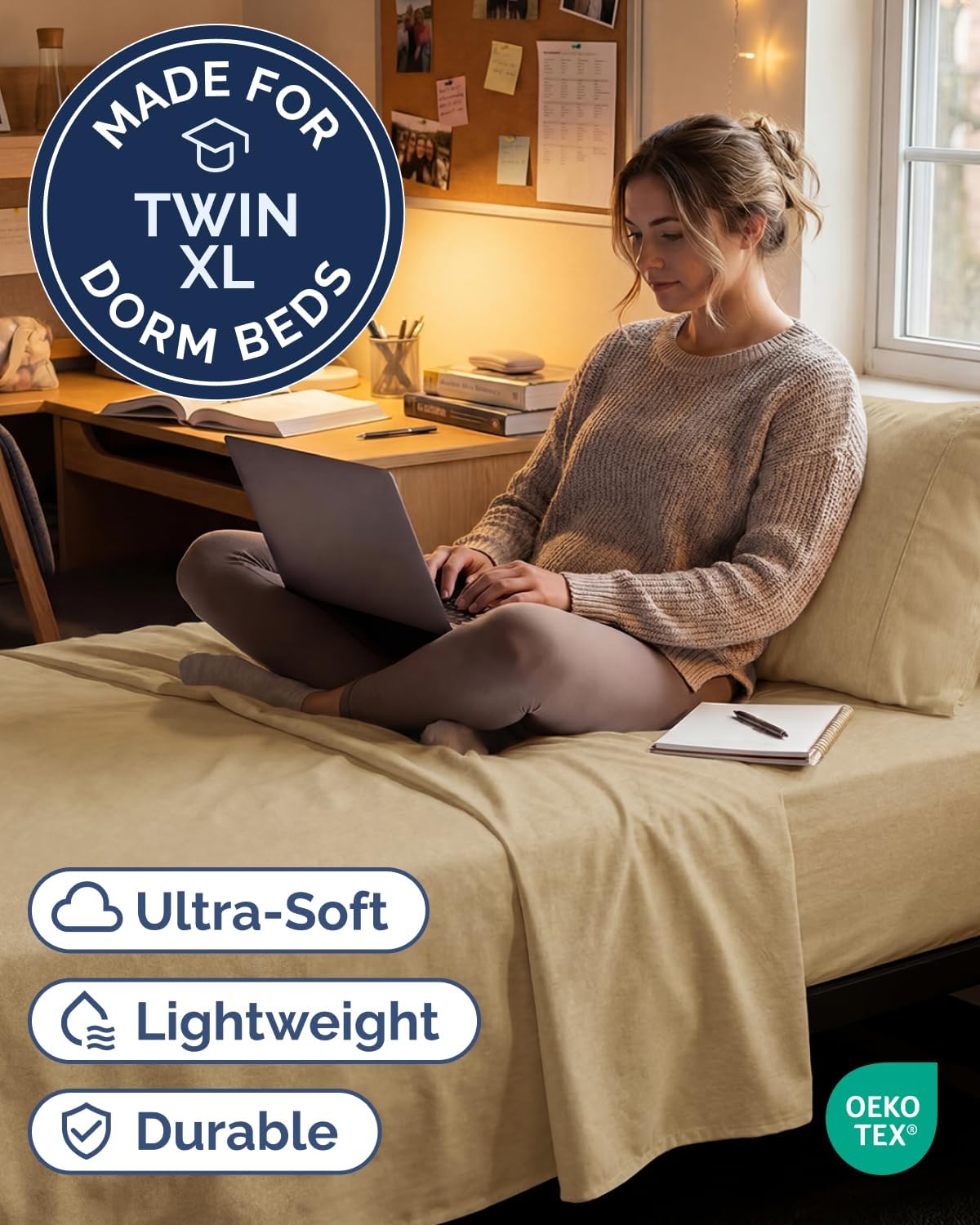 Twin XL Size 3 Piece Sheet Set - Comfy Breathable & Cooling Sheets - Hotel Luxury Bed Sheets for Women & Men - Deep Pockets, Easy-Fit, Soft & Wrinkle Free Sheets - Heathered Tan Oeko-Tex Bed Sheet Set thumbnail