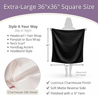 100% Mulberry Silk Large Head Scarf Bandana - 19 Momme Grade 6A, 36 Square