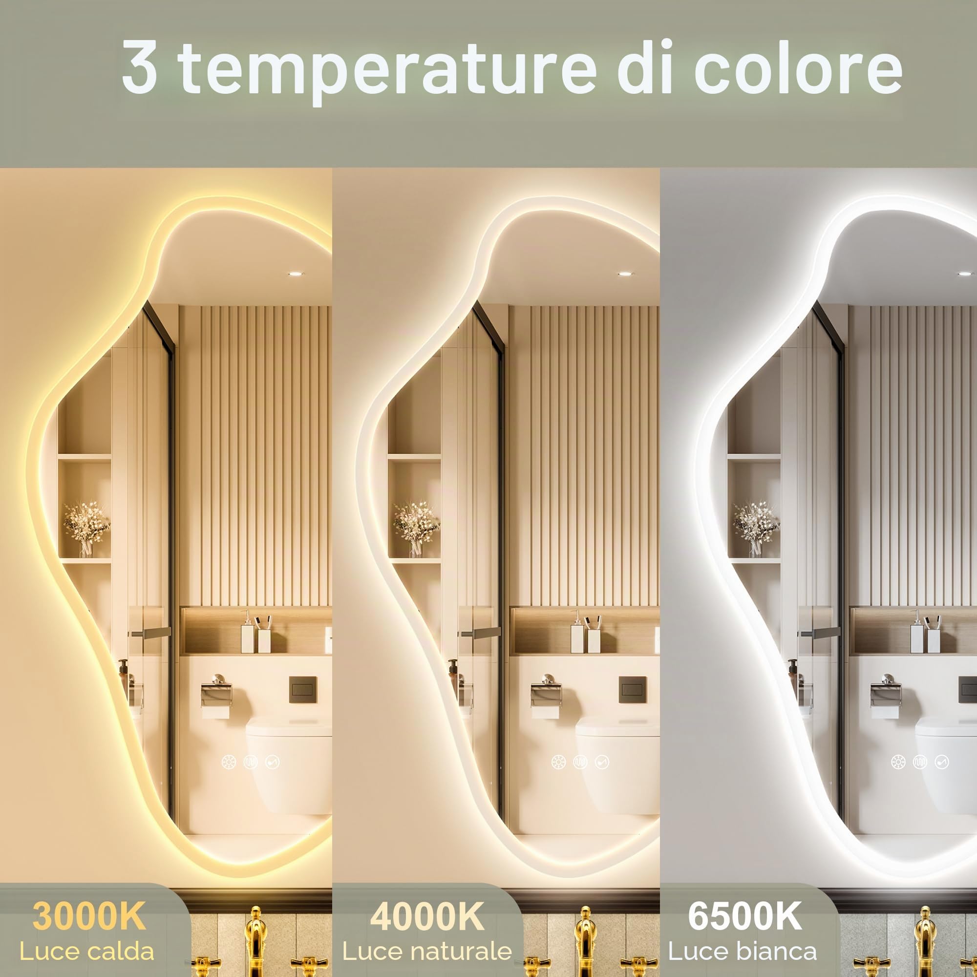 STARLEAD 100x60cm Irregolare Specchio-Bagno-con-Luce e Bluetooth, Asimmetrico Specchiera-Bagno con Dimmerabile, 3 Colori Luce, Antifog, Memoria, IP44, HD Vetro Temperato, Orizzontale/Verticale