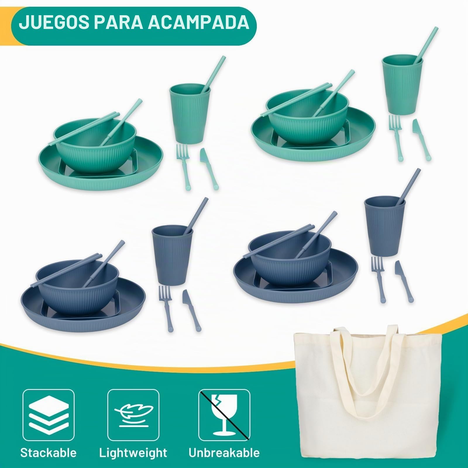 Juego de Vajilla de 55 Piezas para 4 Personas,Vajilla de Plástico, Reutilizado Vajilla Irrompible,Cuencos y Platos para Cena, Picnic, Camping, Barbacoa