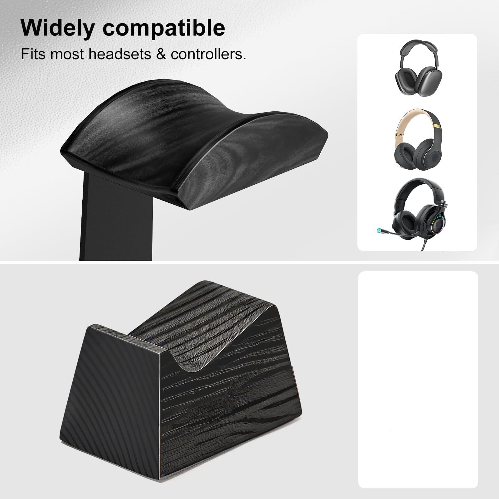 Headset-Ständer mit 2 Controller-Haltern – Massivholz & Metall, Gaming-Kopfhörer-Halter für Schalter, Controller und Schreibtischzubehör (schwarz)