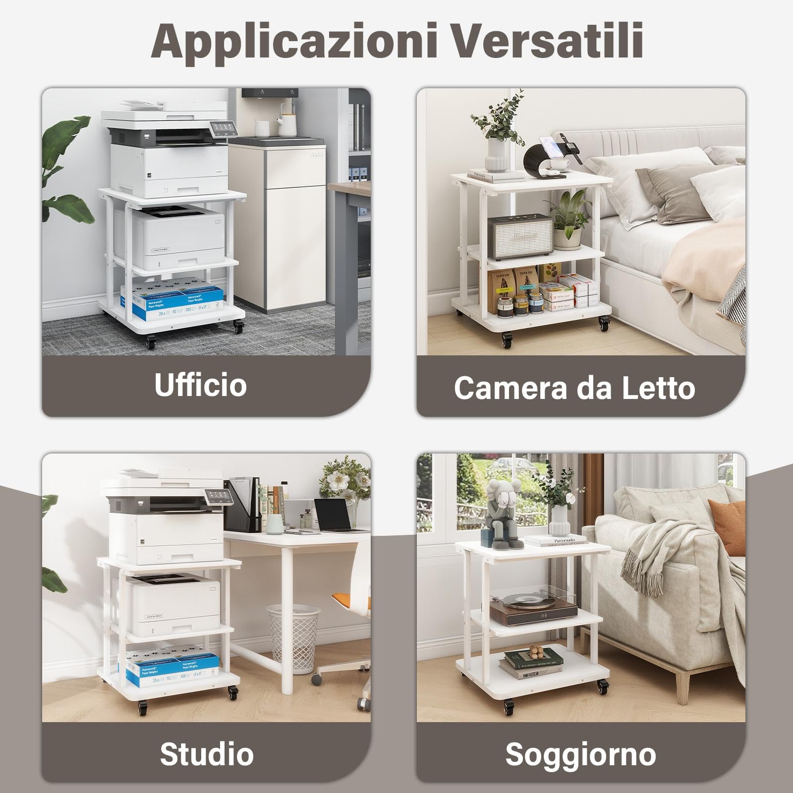 PUNCIA Supporto per Stampante a 3 Livelli Mobile Comodini 60x50x68CM Carrello Porta Tavolino di Stoccaggio con Ruote Scaffale Porta Stampante Sotto Scrivania in Legno per Ufficio e Casa (Bianco)