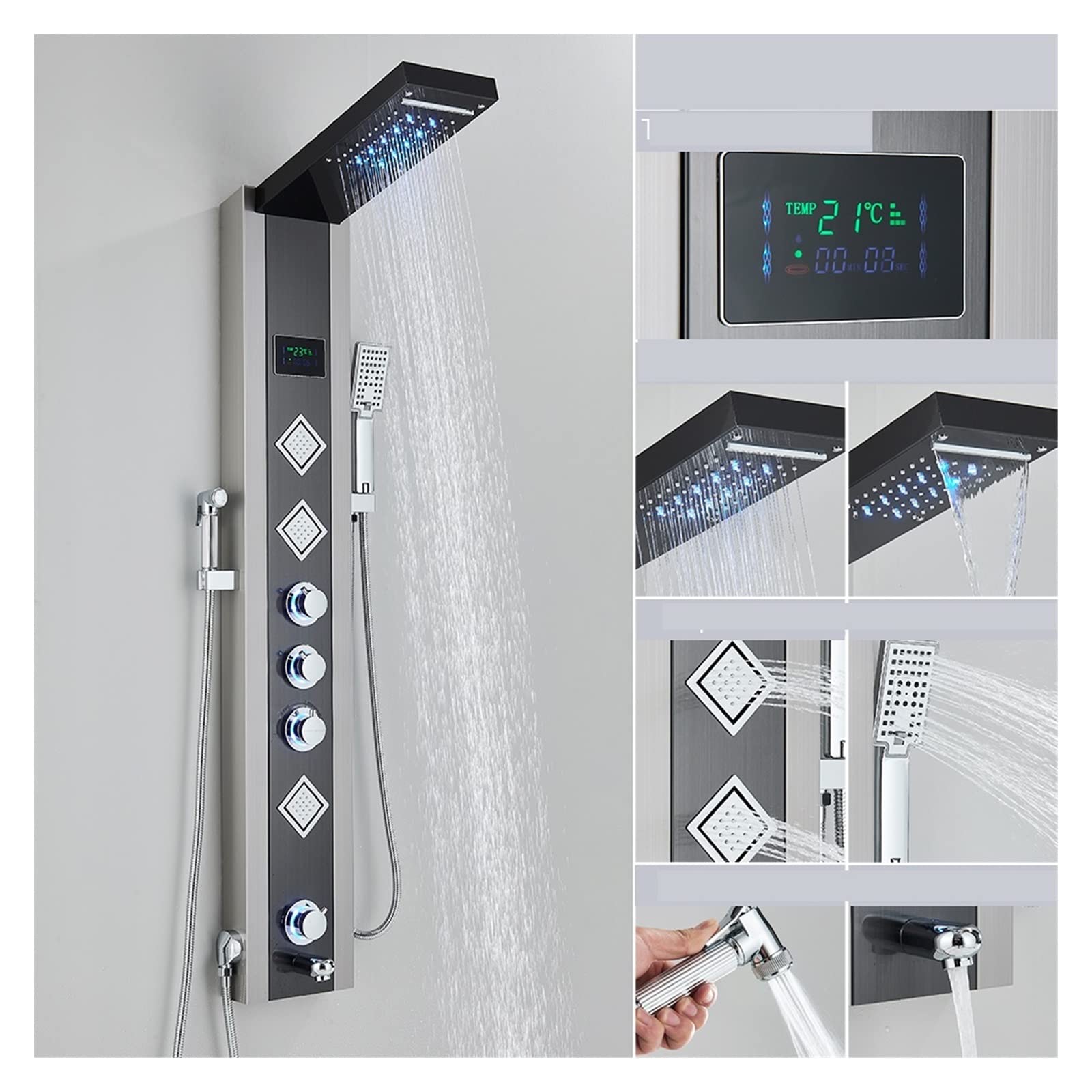 CVFRDD Black LED Light Shower Faucet Bathroom SPA Massage Jet Shower Column System Waterfall Rain Shower Panel Bidet Sprayer Tap(9006 Black Brushed)