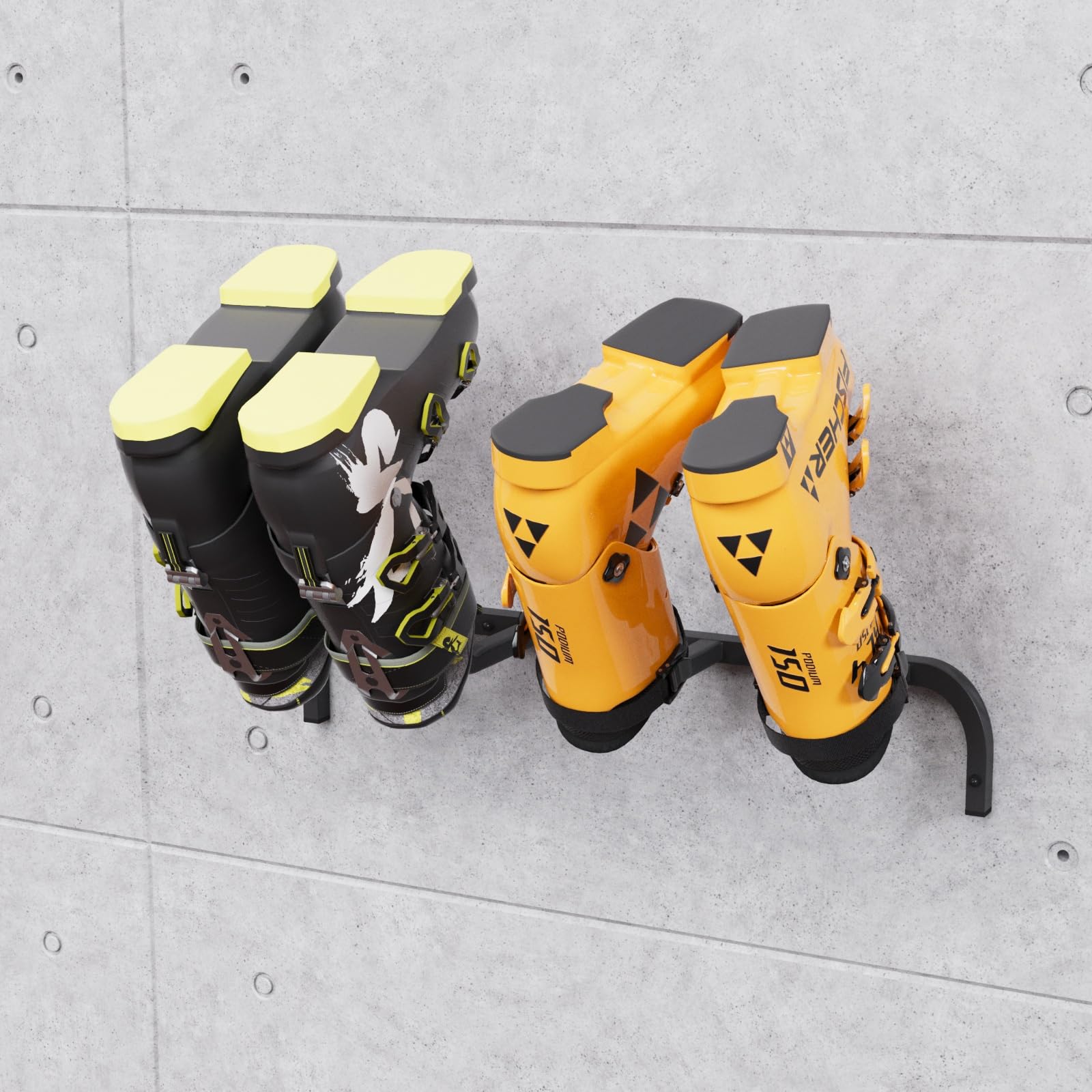 QLS Skischuhhalter Wandhalterung pulverbeschichtet 64x52 cm Schwarz | Platzsparende Aufbewahrung von Skischuhen mit 31 cm Schuhausleger inklusive Montagesatz für Keller Garage oder Skiraum