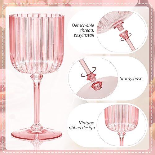 Miniatura 4 de Paquete de 12 copas de vino de plástico acanaladas con tallo de 11 onzas, copas de vino desmontables, desechables, estilo vintage, para bodas,