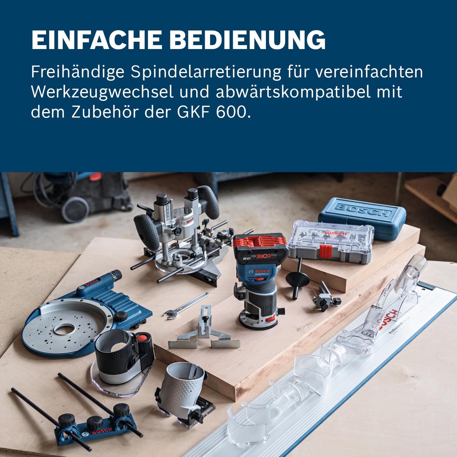 Bosch Professional 18V System Akku-Kantenfräse GKF 18V-8 (Parallelanschl., 2x Saugadapter Fr., Spanschutz, 8mm-Spannz., Spannschl., TE-Taucheinheit, 2x Saugadapter Taucheinh., L-BOXX o. Akku/Ladeger.)