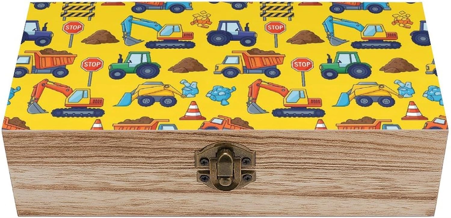 Rectangle Keepsake Storage Box, Decorative Wooden Organizer with Hinged Lid Cute Truck Construction, Jewelry Case for Birthday Home Decoration