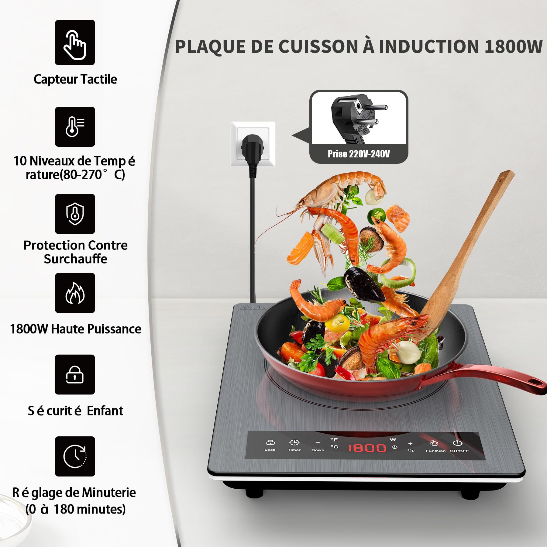 VBGK Tables de Cuisson, 1800W Plaque de Cuisson Electrique, plaque Induction Portable avec Contrôle Tactile, 10 Niveaux de Température, Verrouillage de Sécurité, Minuterie, Plaque à Induction Portable