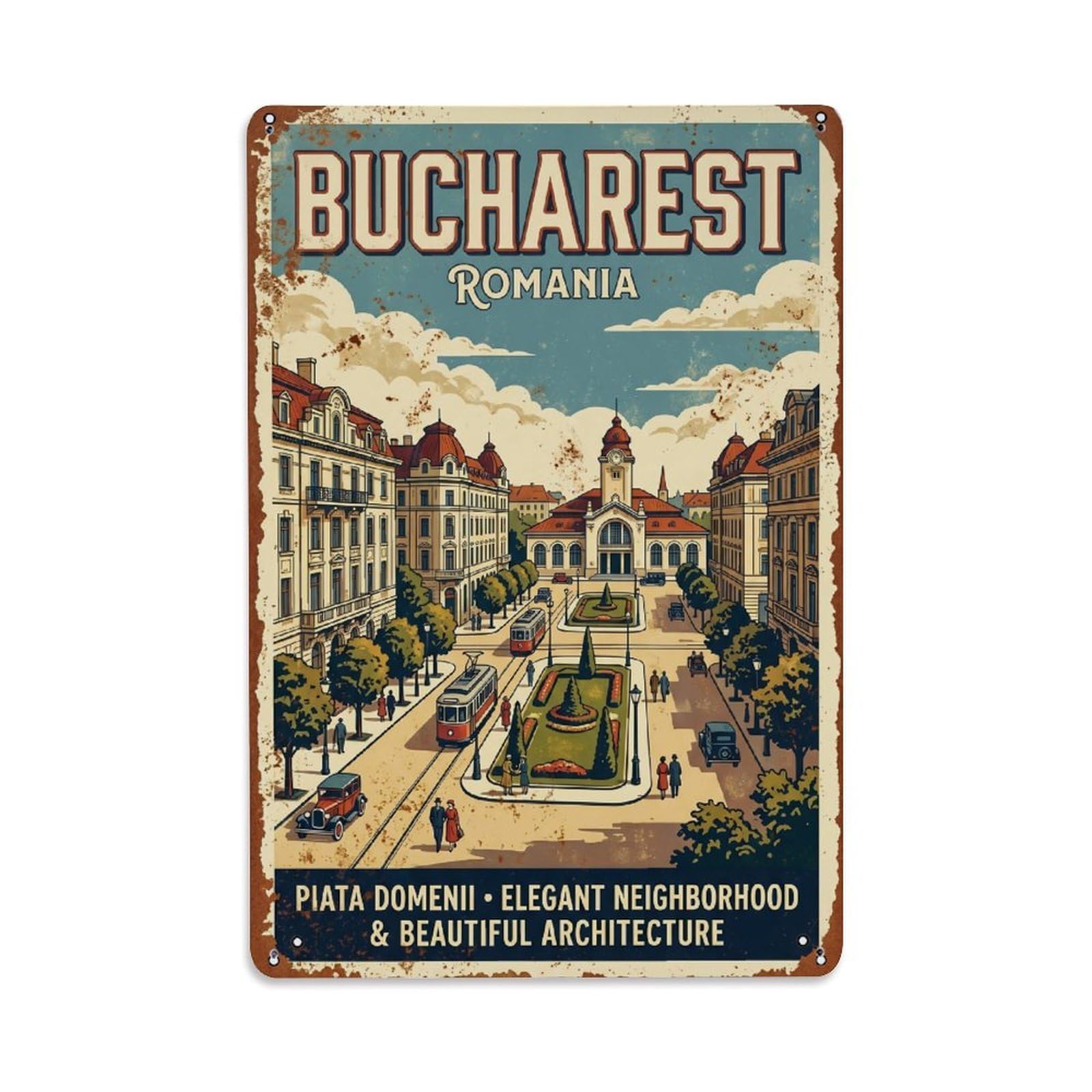 Vintage Travel Bucharest Piata Domenii Square Romania Metal Tin Sign Plaque Wall Decor for Cafe, Club Bar, Office, Home Garden Metal Poster 8x12Inch