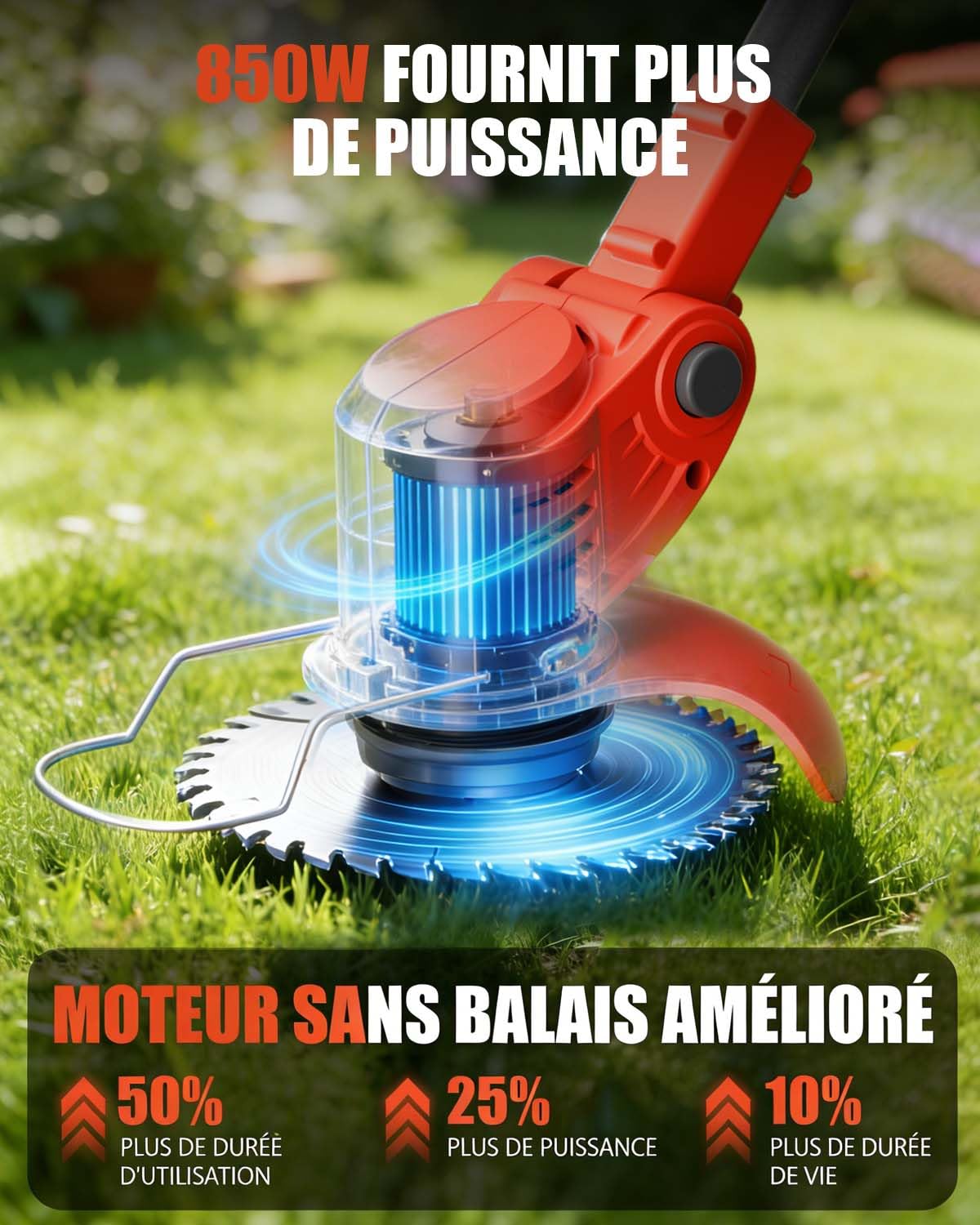 Débroussailleuse Électrique sans Fil 850W Brushless, 2 Batteries 4.0Ah, 4 Lames, Coupe-Bordure Jardin