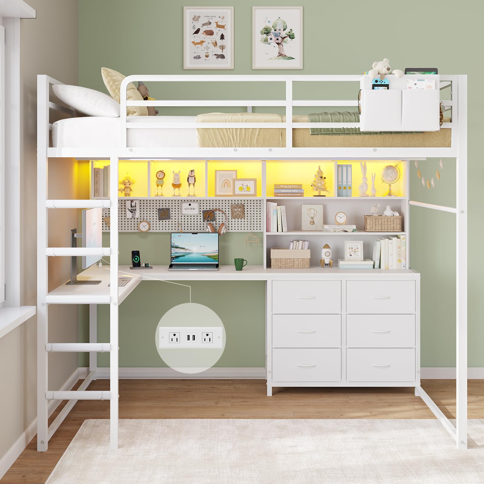 DICTAC Full Loft Bed with L-Shaped Desk