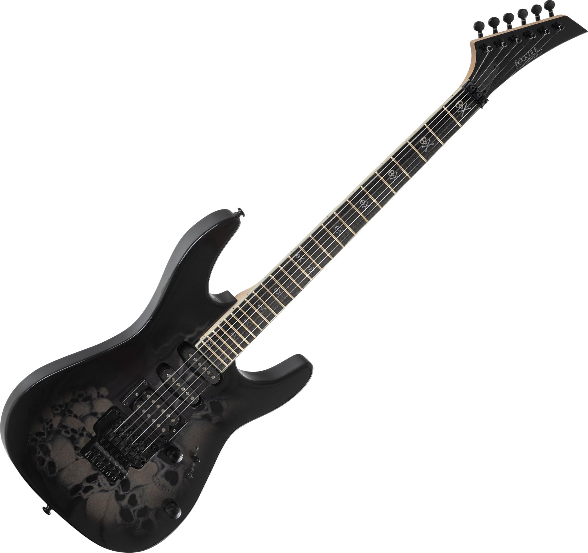 Rocktile Pro JK150-BSK Chitarra Elettrica Skull - ST-Style 6 Corde - Pickup HSS - Tremolo FR-Style - 24 Tasti Jumbo - Corpo in Ontano - Manico in Acero - Accessori Inclusi - Nero con Design Skull