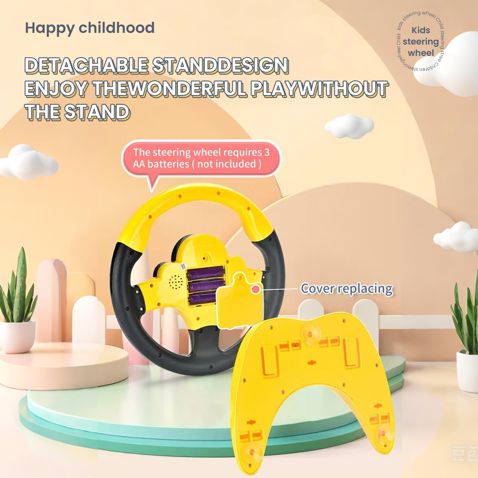 Volante de juguete para niños para asiento trasero de automóvil con luz y música, base de ventosas, juguete de conducción simulado interactivo para niños y niñas, amarillo 3