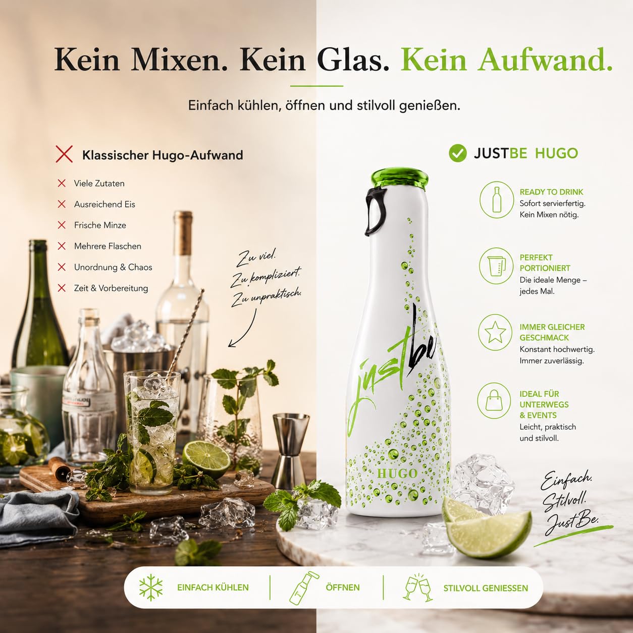 JustBe Hugo | Piccolo Wein-Cocktail I Holunderblüte + Minze Mix Aperitif (Hugo, 12 x 0,2l)
