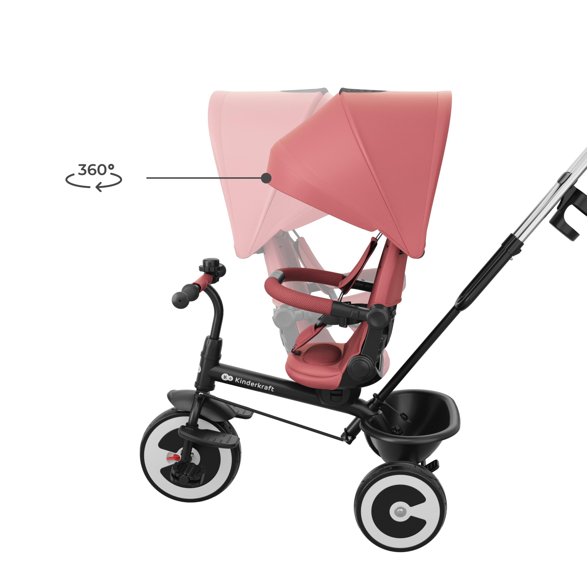 Kinderkraft Aston 2 Pro Triciclo Evolutivo, Bicicleta Sin Pedales, Bicicleta Bebe, para Niños, Cinturón, con Accesorios, Portavasos, Cesta, 9 Meses a 25 kg, Rosa