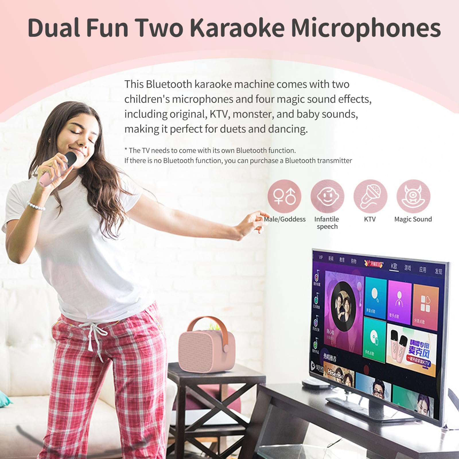 mikrofon do karaoke dla dzieci, urządzenie do karaoke z bezprzewodowymi mikrofonami, zabawka z efektami zmiany głosu i Bluetooth, dla chłopców i dziewczynek, różowy