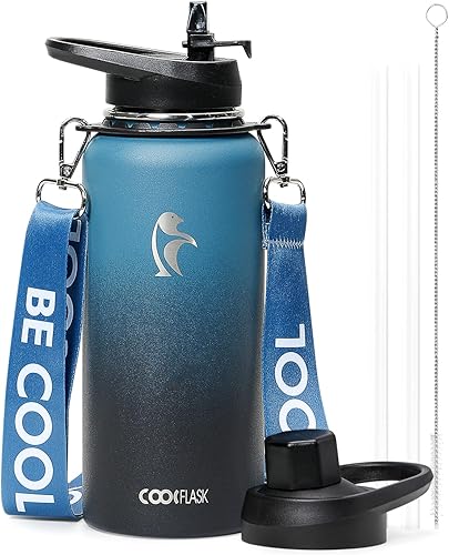 Miniatura 13 de Coolflask Botella de agua con pajilla, termo de agua de metal aislado de 40 onzas con tapas de popote y boquilla, acero inoxidable de doble pared