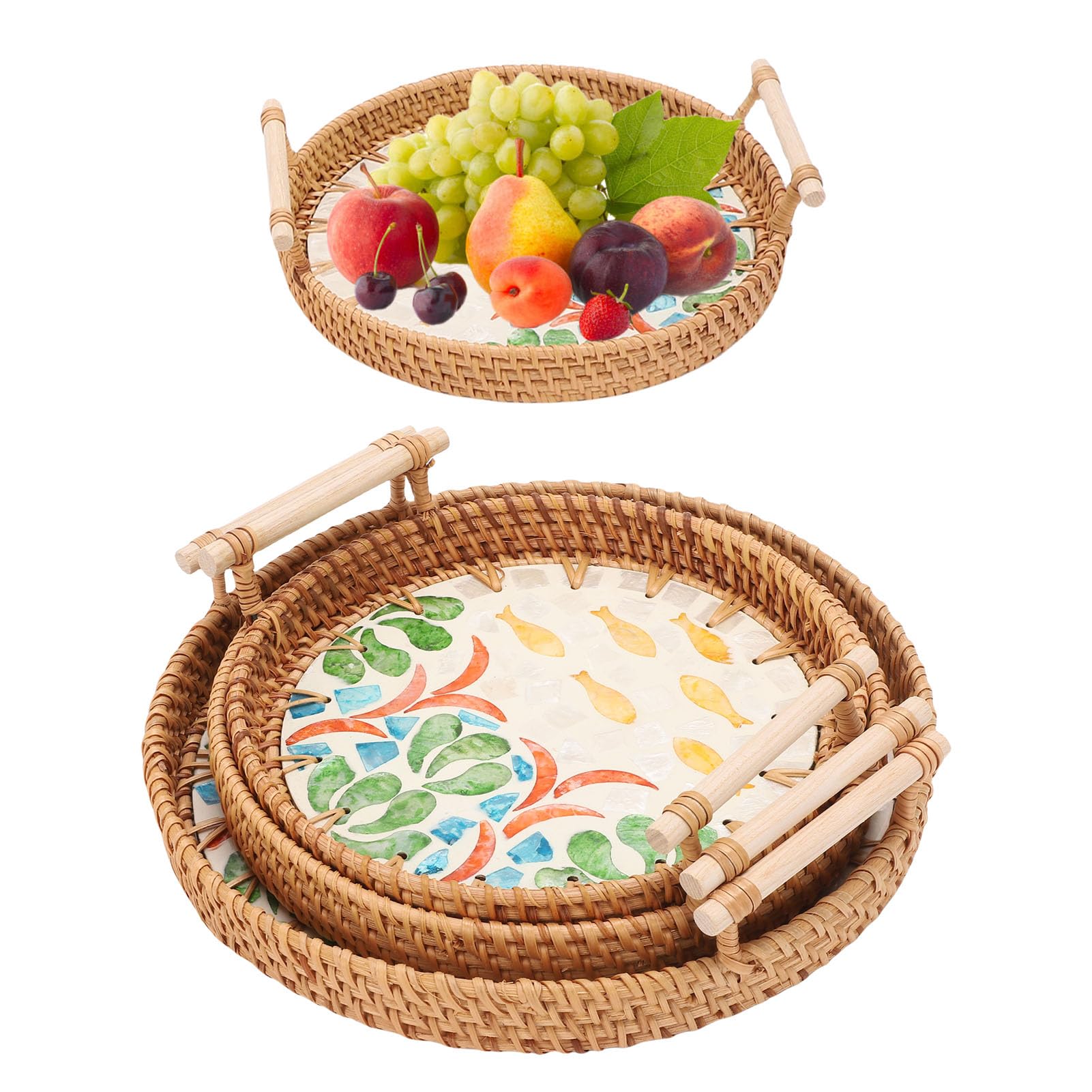 Domary Multi Purpose Rattan Tray Round 3 Pcs Woven Serving Baskets with