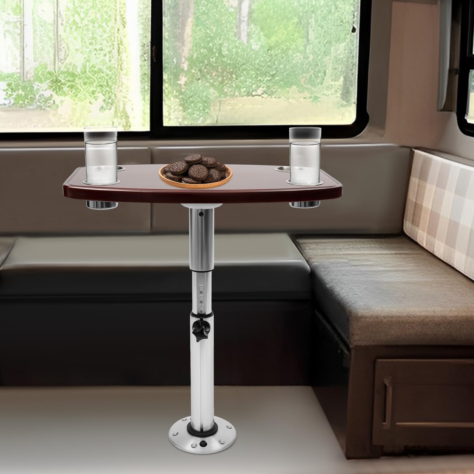 Mesa de barco con 4 soportes para bebidas, de roble, para barco, caravanas, cubiertas de yates, altura ajustable, 600 x 380 mm
